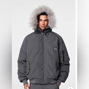 Achock Unisex Gray Duck Down Faux Fur Hooded Jacket Size S